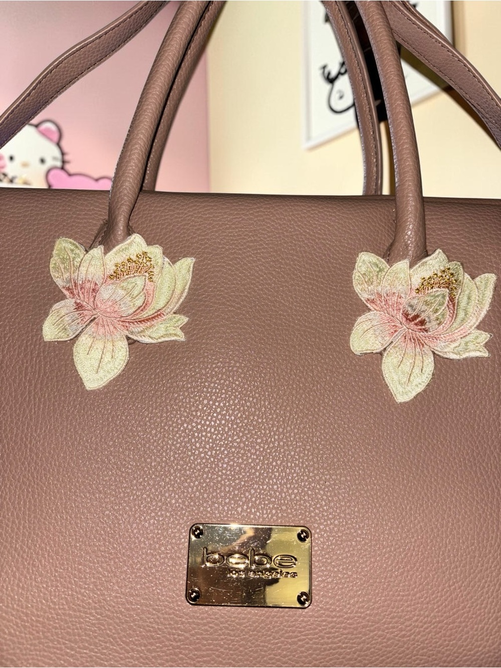 bebe Los Angeles Taupe Floral Applique Tote Satchel Shoulder Crossbody Bag - Picture 2 of 5